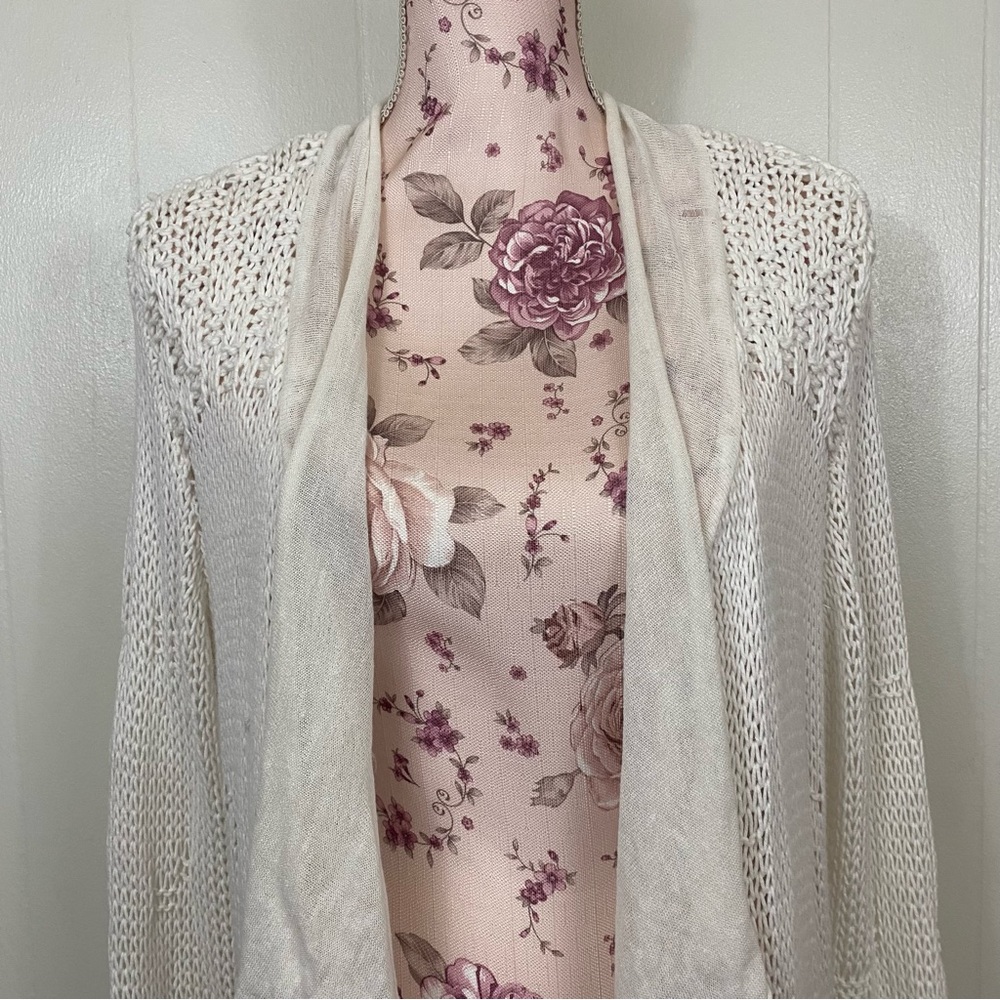 Chico’s sz:3 Off-White Knit Cardigan Ruffle Sleeve Distressed Style - Picture 2 of 14